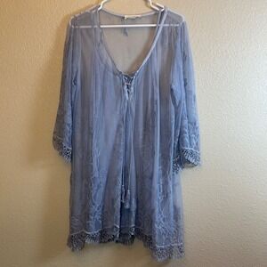 Belle France Sexy Lace Sheer Tunic Cover Up Dress Blue V Neck Tassel Tie Large